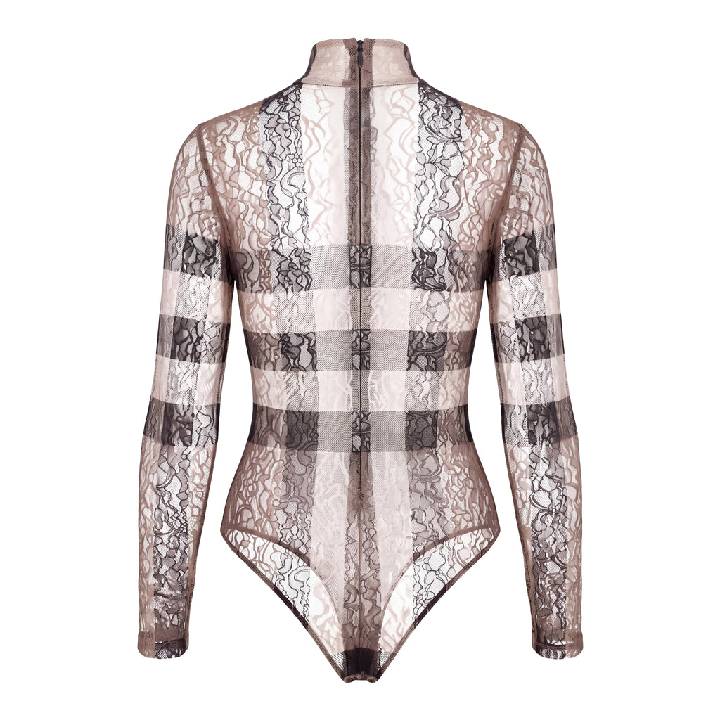 BURBERRY RUNWAY CHECK STRETCH LACE TURTLENECK BODYSUIT - SIZE M