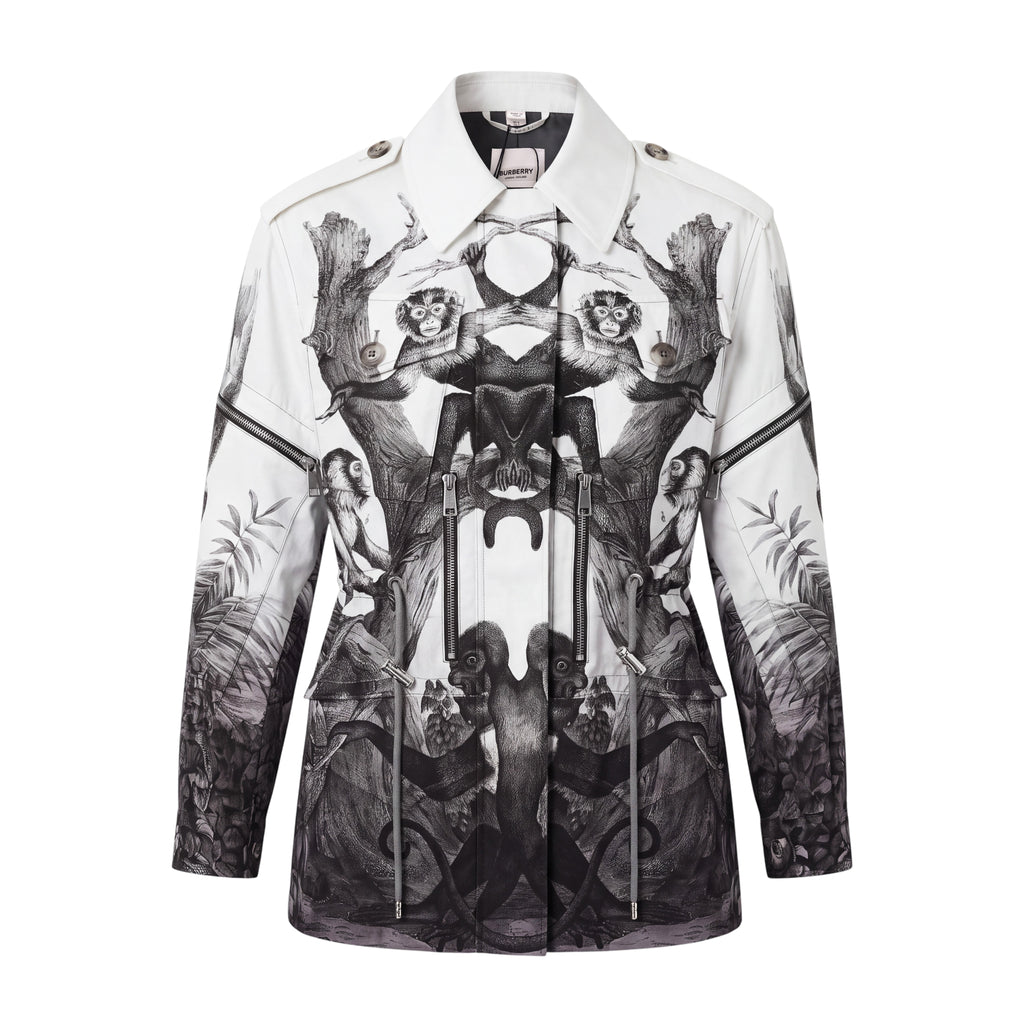 BURBERRY WHITE AND BLACK SILK MONKEY PRINT RUNWAY JACKET - SIZE 4