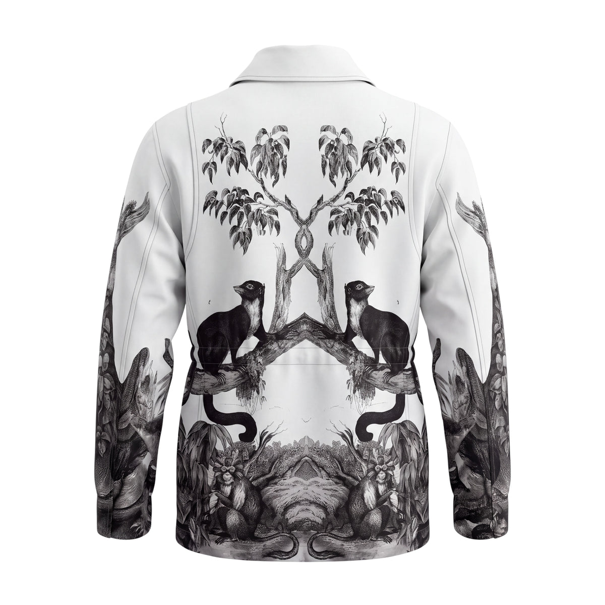 BURBERRY WHITE AND BLACK SILK MONKEY PRINT RUNWAY JACKET - SIZE 4