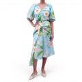 CAROLINA HERRERA BLUE PATTERNED PUFFED MIDI DRESS - SIZE 12