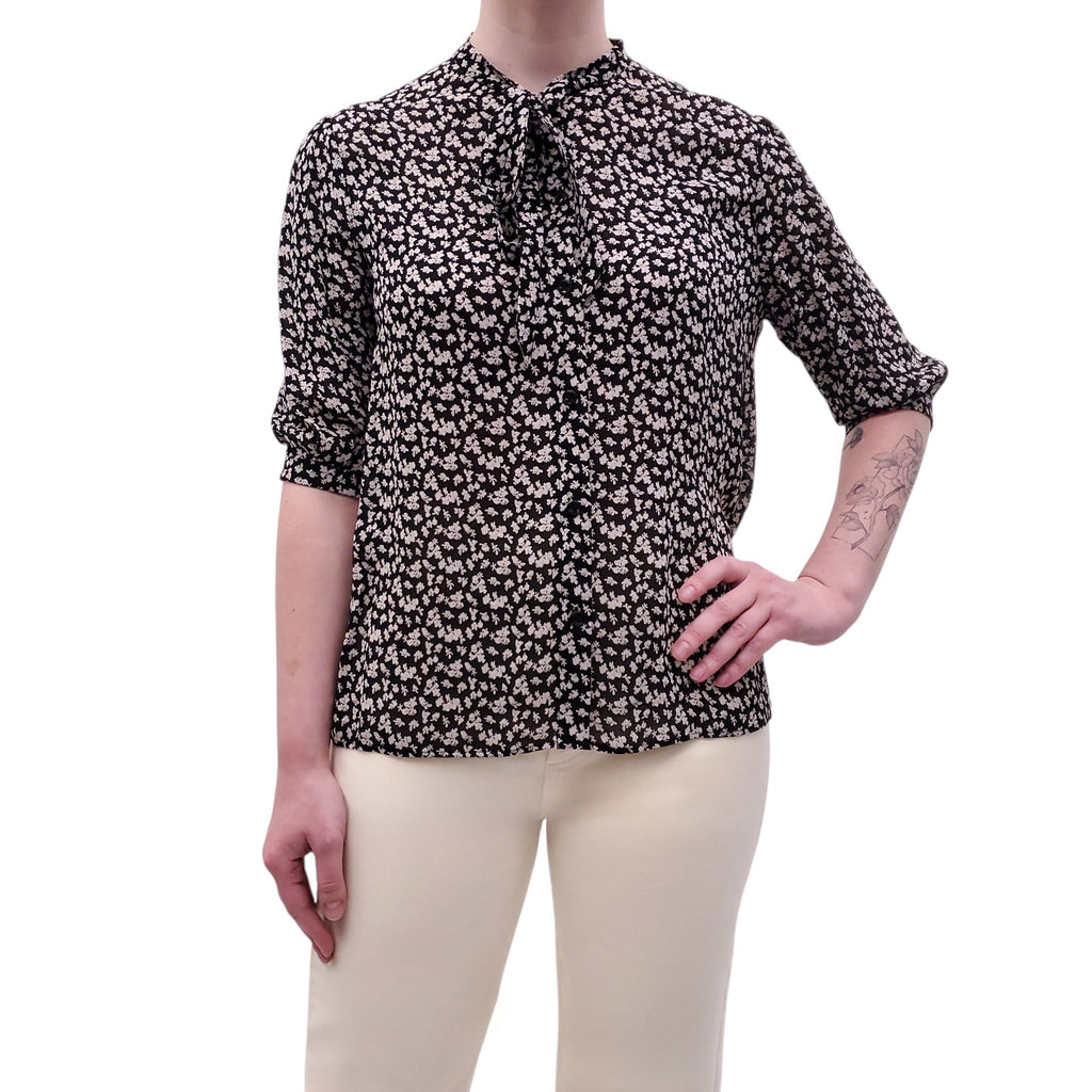 CELINE BLACK AND CREAM FLORAL BLOUSE - SIZE 38