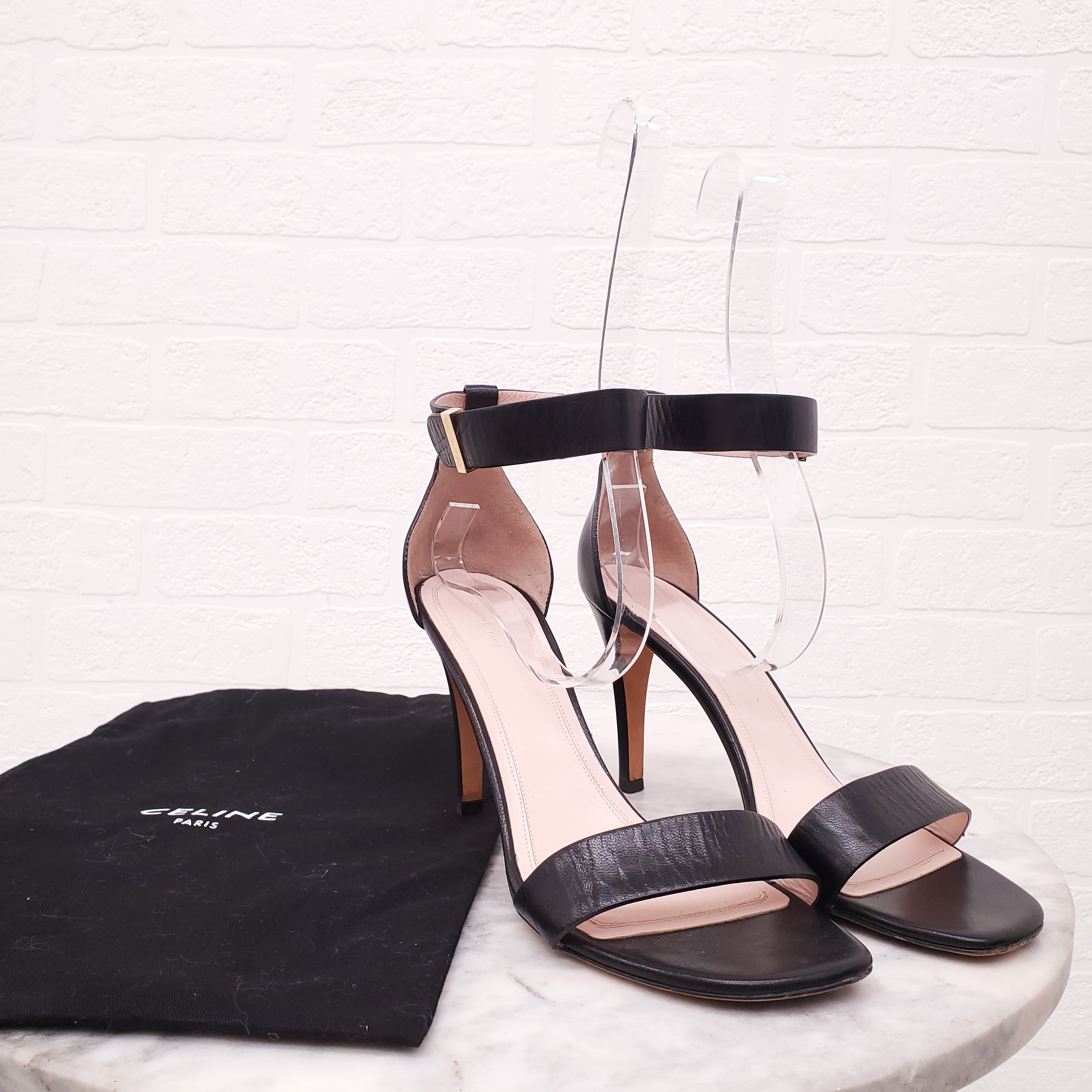 CELINE BLACK LEATHER SANDALS WITH HEEL AND STRAP - SIZE 40