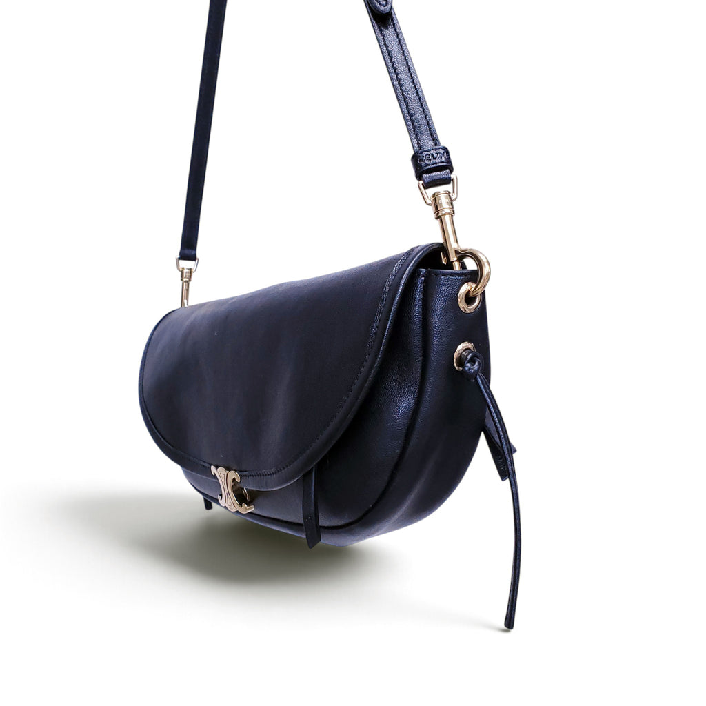 CELINE BLACK LEATHER TRIOMPHE HALFMOON SHOULDER BAG