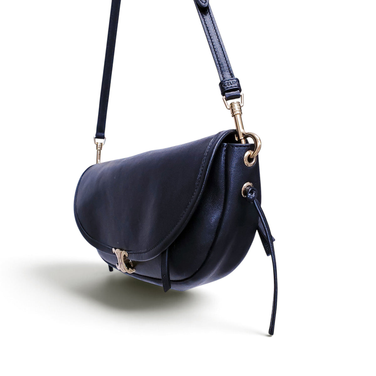 CELINE BLACK LEATHER TRIOMPHE HALFMOON SHOULDER BAG