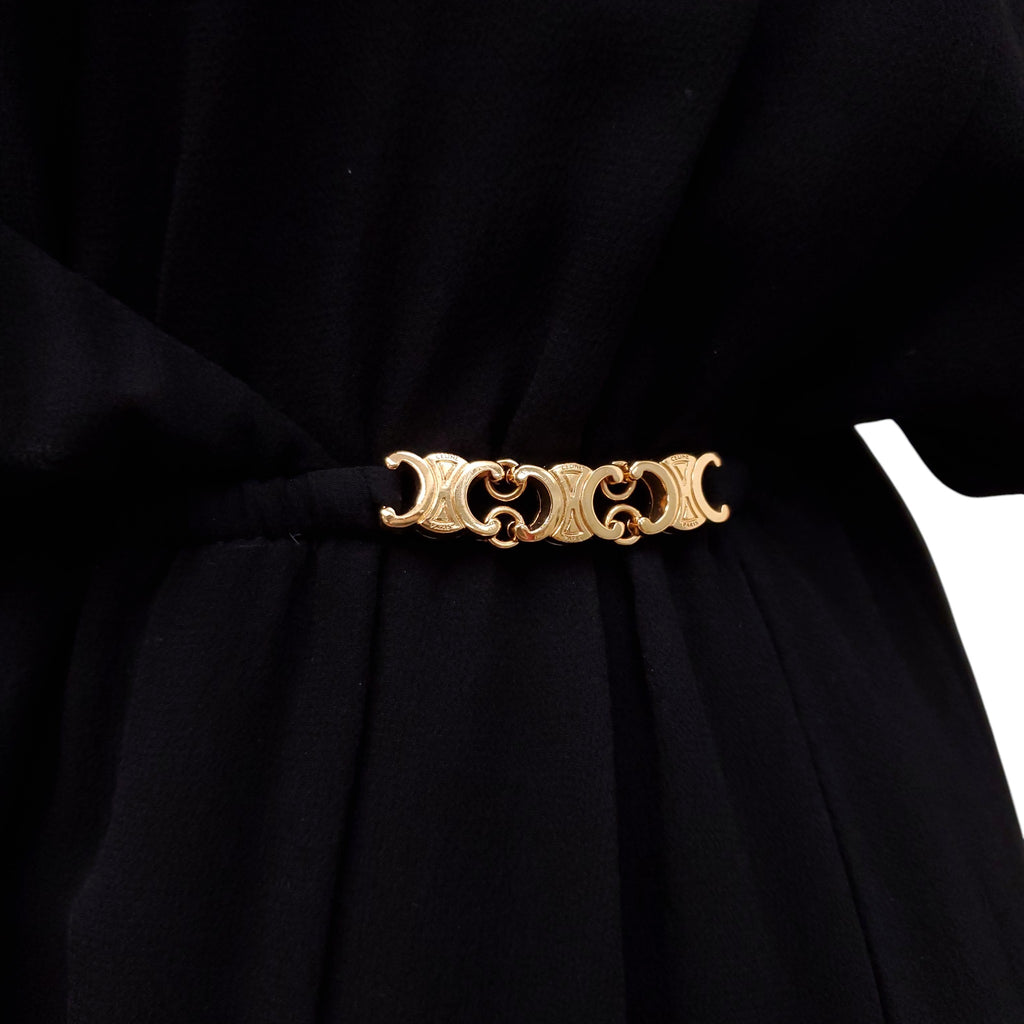 CELINE BLACK SILK DRESS WITH GOLD TRIOMPHE LOGO - SIZE 34