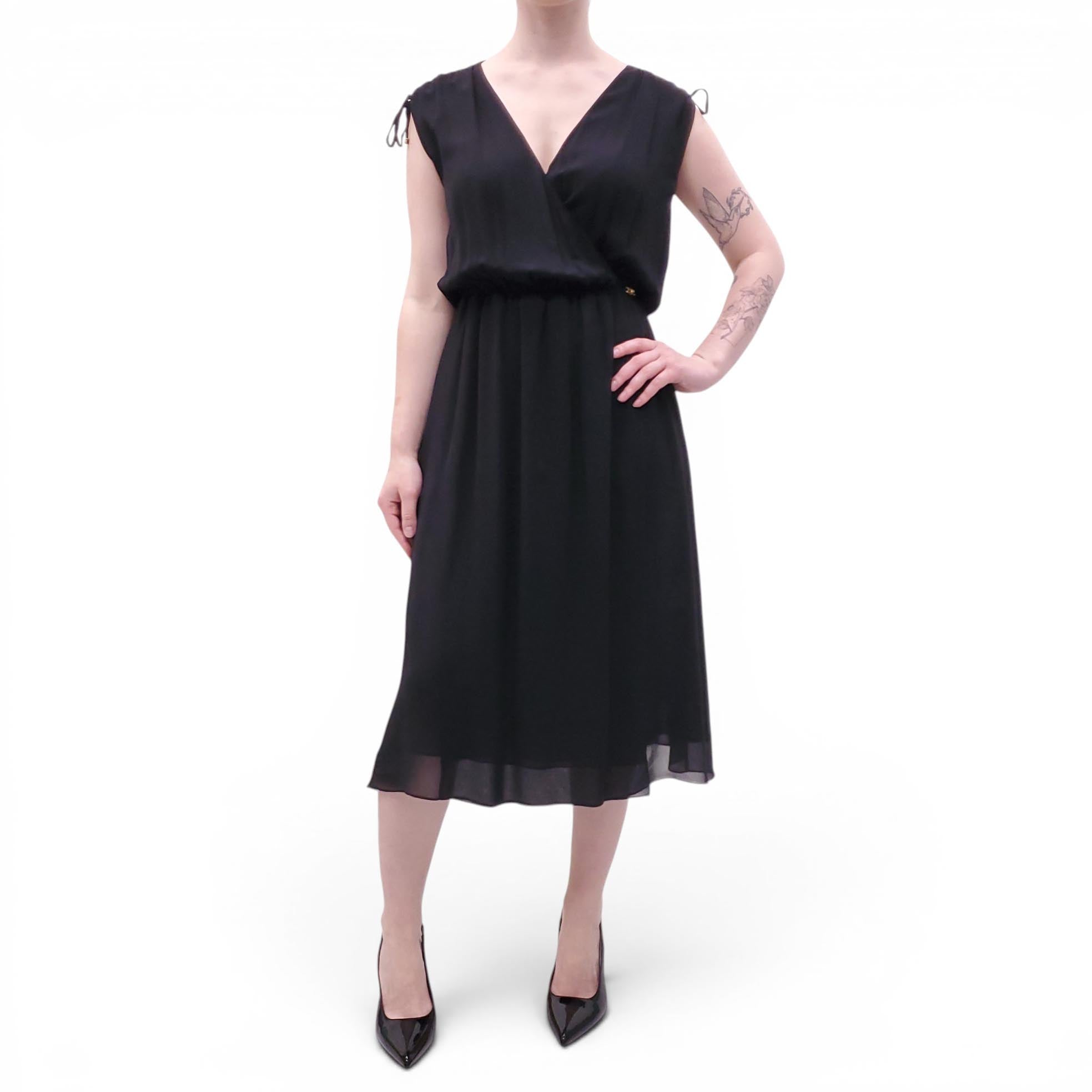 CELINE BLACK SILK DRESS WITH GOLD TRIOMPHE LOGO - SIZE 34