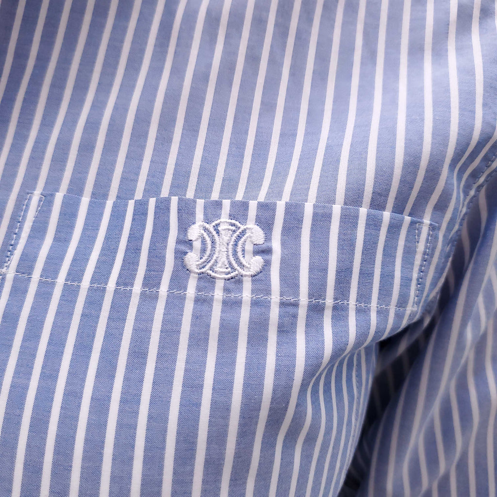 CELINE BLUE STRIPED BLOUSE WITH LOGO AND WHITE COLLAR - SIZE 34