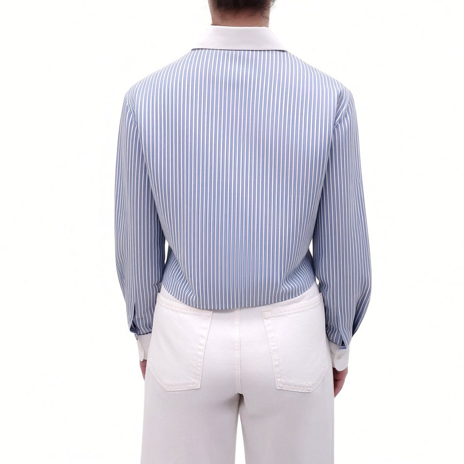 CELINE BLUE STRIPED BLOUSE WITH LOGO AND WHITE COLLAR - SIZE 34