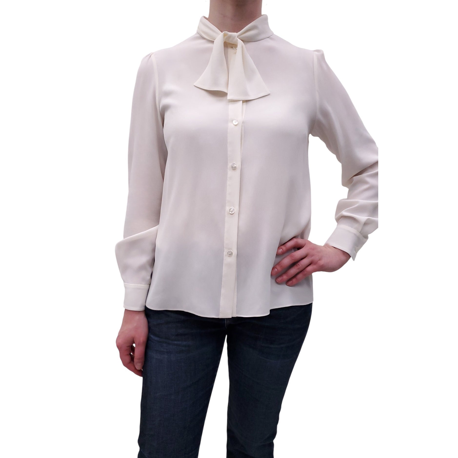 CELINE CREAM SILK BLOUSE WITH TIE DETAIL - SIZE 34
