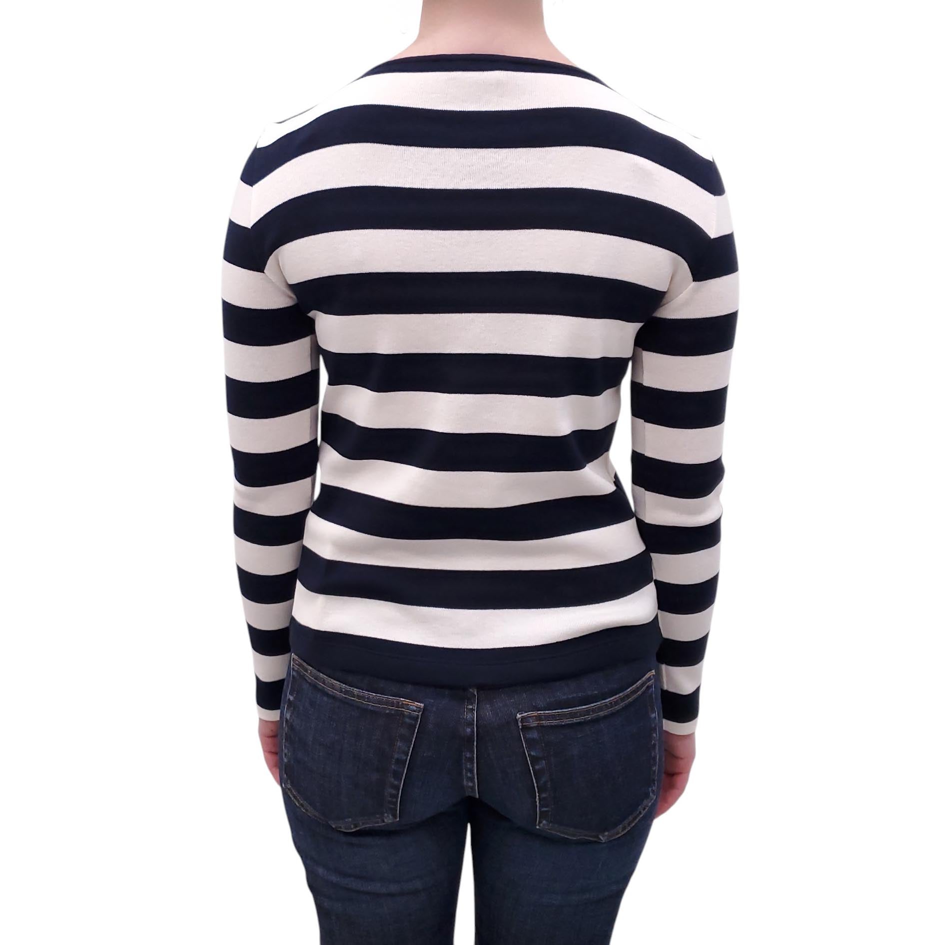 CELINE NAVY AND WHITE STRIPED JERSEY LONG SLEEVE TOP WITH TRIOMPHE LOGO - SIZE XS