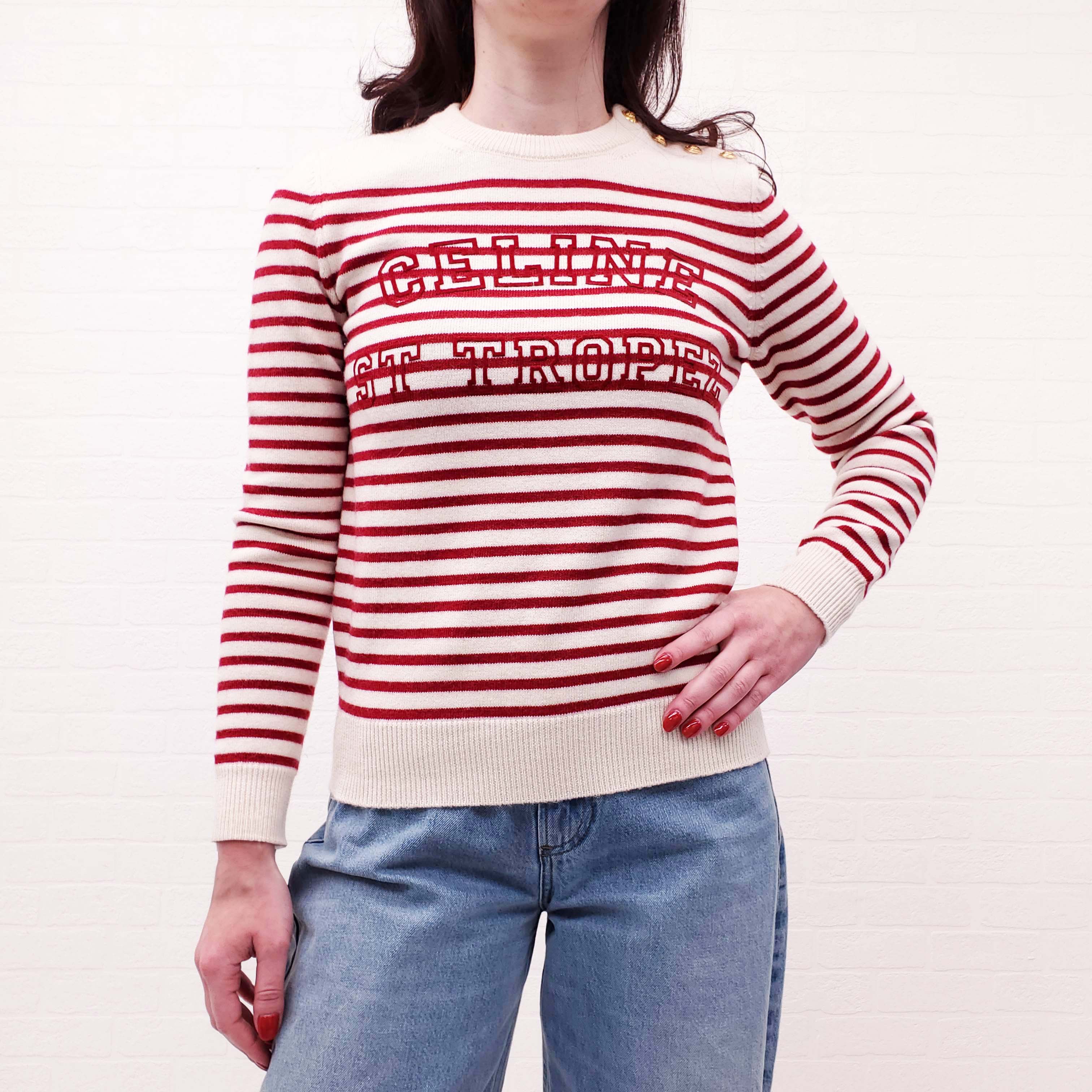 CELINE RED AND CREAM STRIPED SWEATER - SIZE S