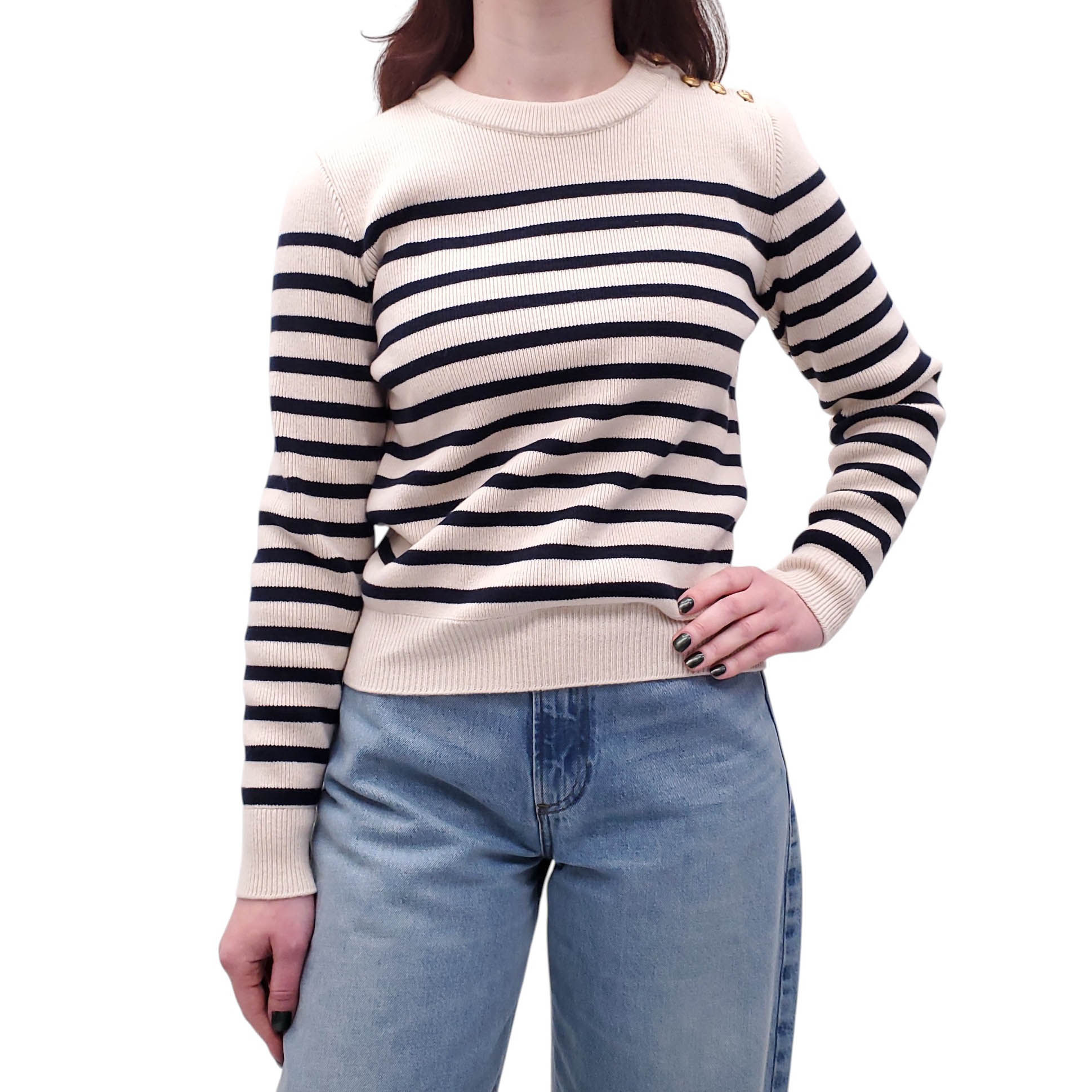 CELINE STRIPED WOOL AND CASHMERE CREWNECK SWEATER WITH GOLD BUTTONS - SIZE XS