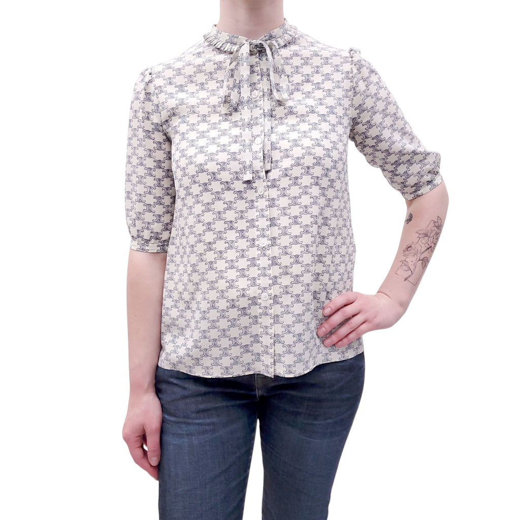 CELINE TRIOMPHE SILK SHORT-SLEEVE BLOUSE - SIZE 34