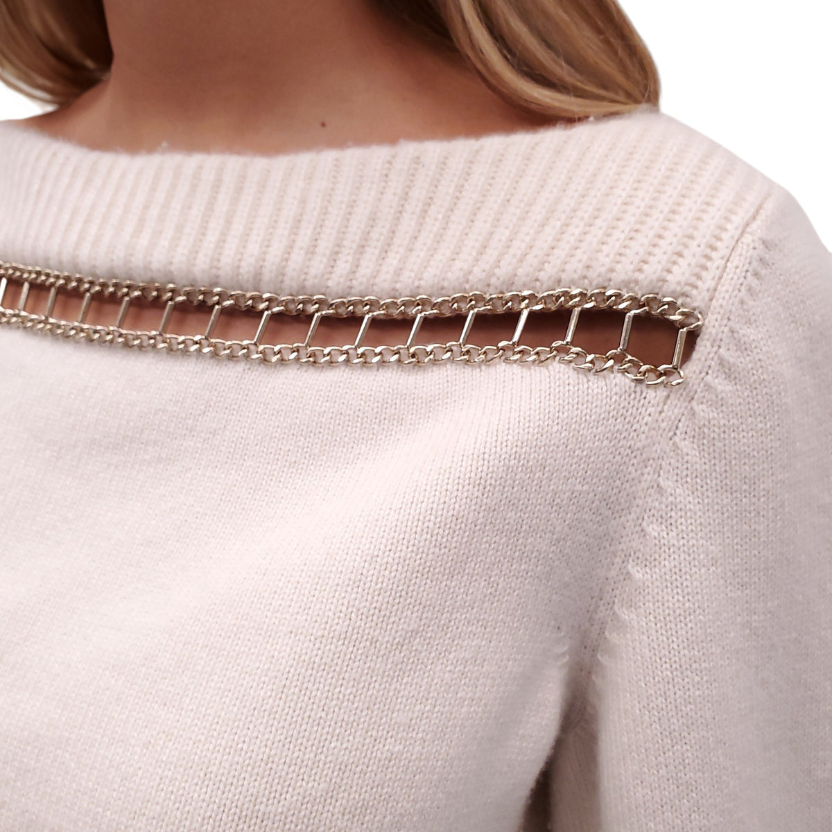 CHANEL 2020 CREAM CASHMERE SWEATER WITH GOLD CHAIN LINK DETAIL - SIZE 34