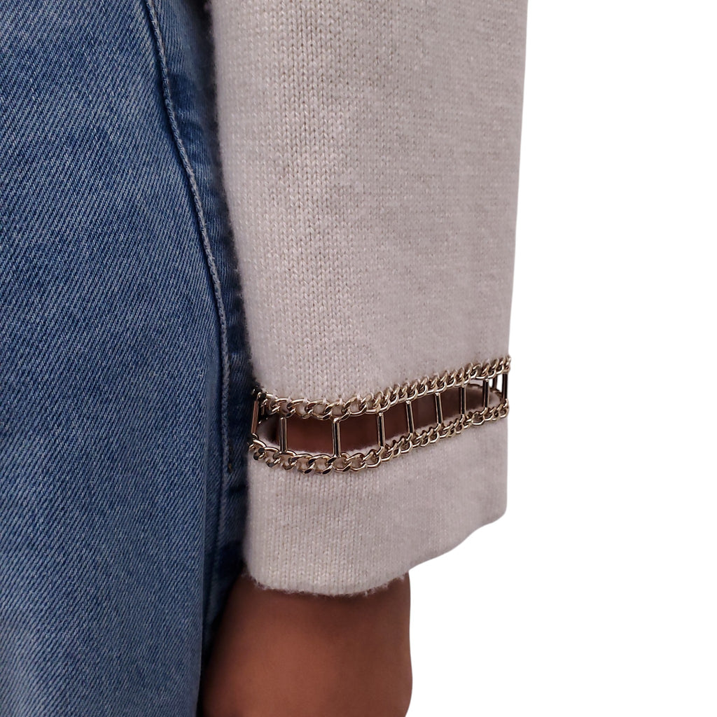 CHANEL 2020 CREAM CASHMERE SWEATER WITH GOLD CHAIN LINK DETAIL - SIZE 34