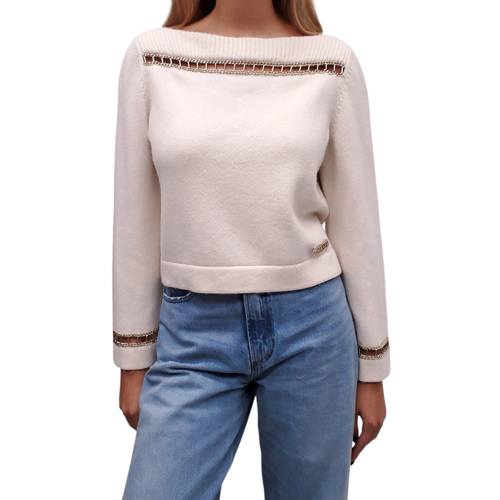CHANEL 2020 CREAM CASHMERE SWEATER WITH GOLD CHAIN LINK DETAIL - SIZE 34