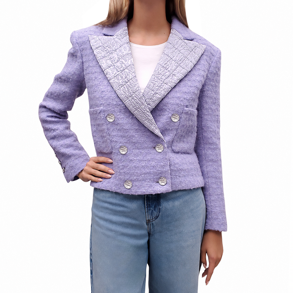 CHANEL 2021 LILAC TWEED BLAZER WITH CRYSTAL BUTTONS AND LOGO LAPEL - SIZE 36