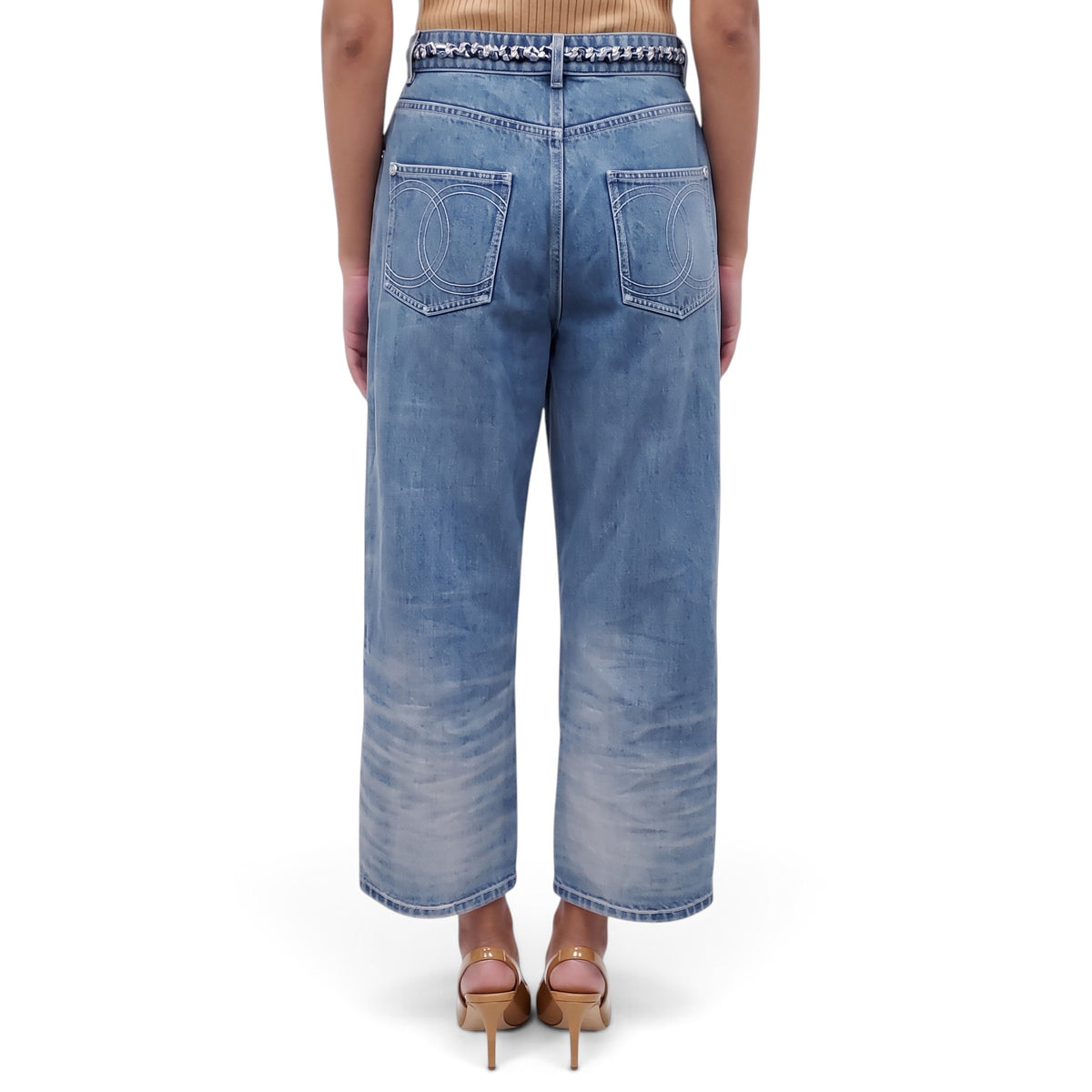 CHANEL 2025 WIDE LEG JEANS WITH TWEED RIBBON AND CC LOGO - SIZE 38