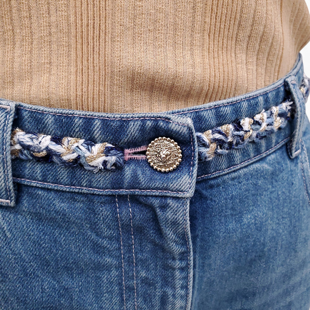 CHANEL 2025 WIDE LEG JEANS WITH TWEED RIBBON AND CC LOGO - SIZE 38