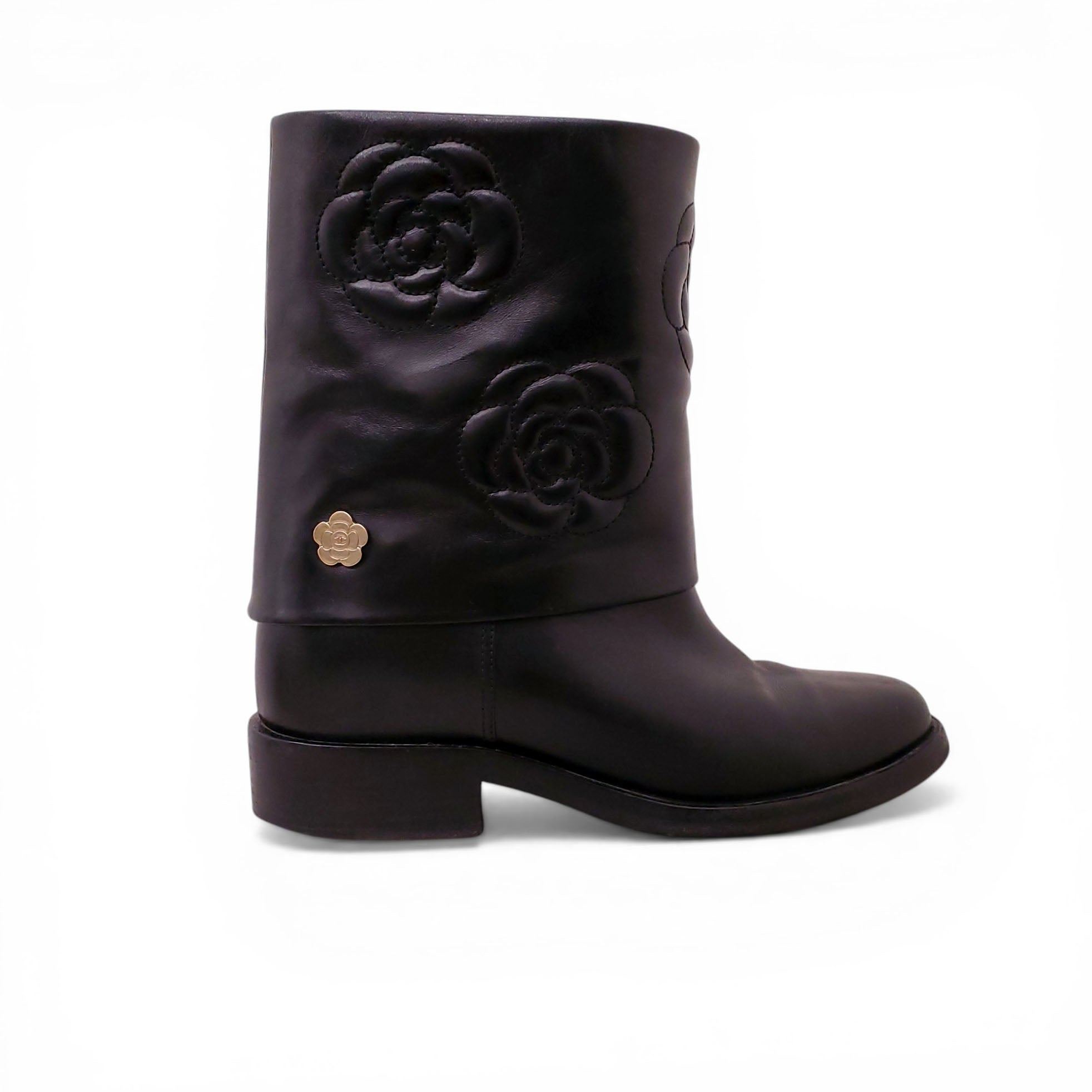 CHANEL BLACK CAMELLIA BOOTS - SIZE 40