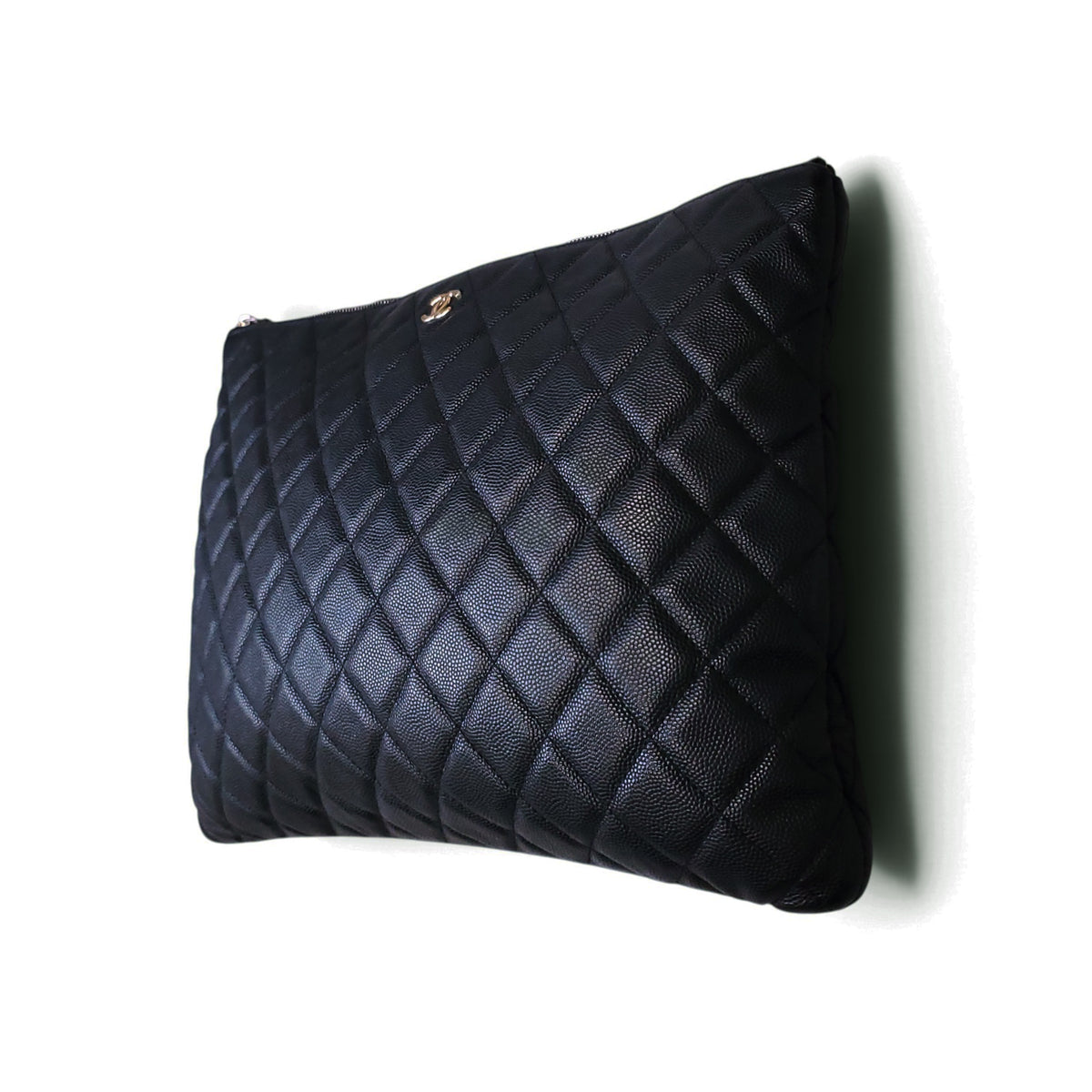 CHANEL BLACK CAVIAR QUILTED LARGE O-CASE CLUTCH