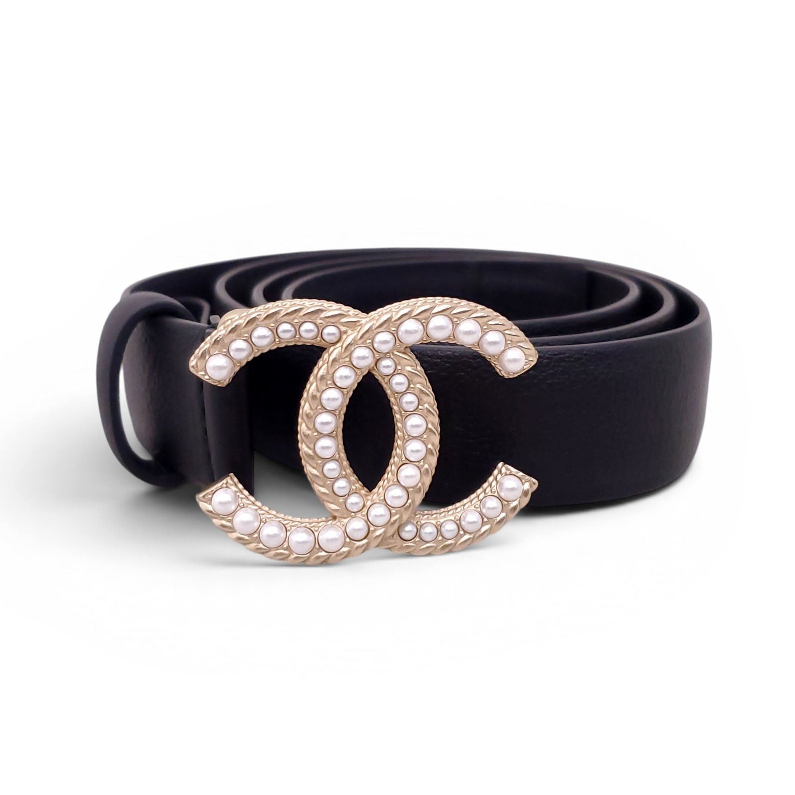 CHANEL BLACK LEATHER BELT WITH PEARL CC LOGO BUCKLE - SIZE 80