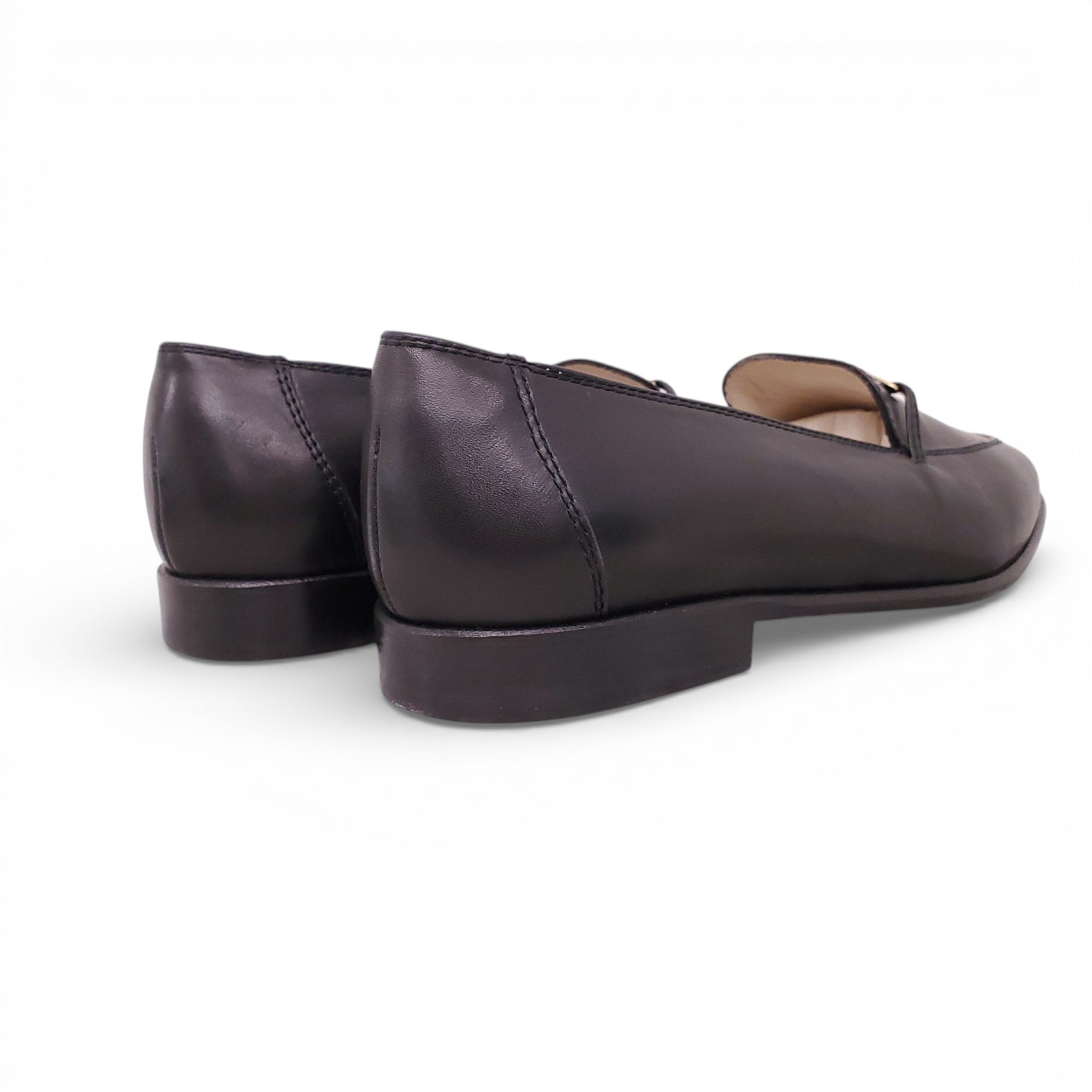CHANEL BLACK LEATHER LOAFERS WITH GOLD LOGO DETAIL - SIZE 38.5