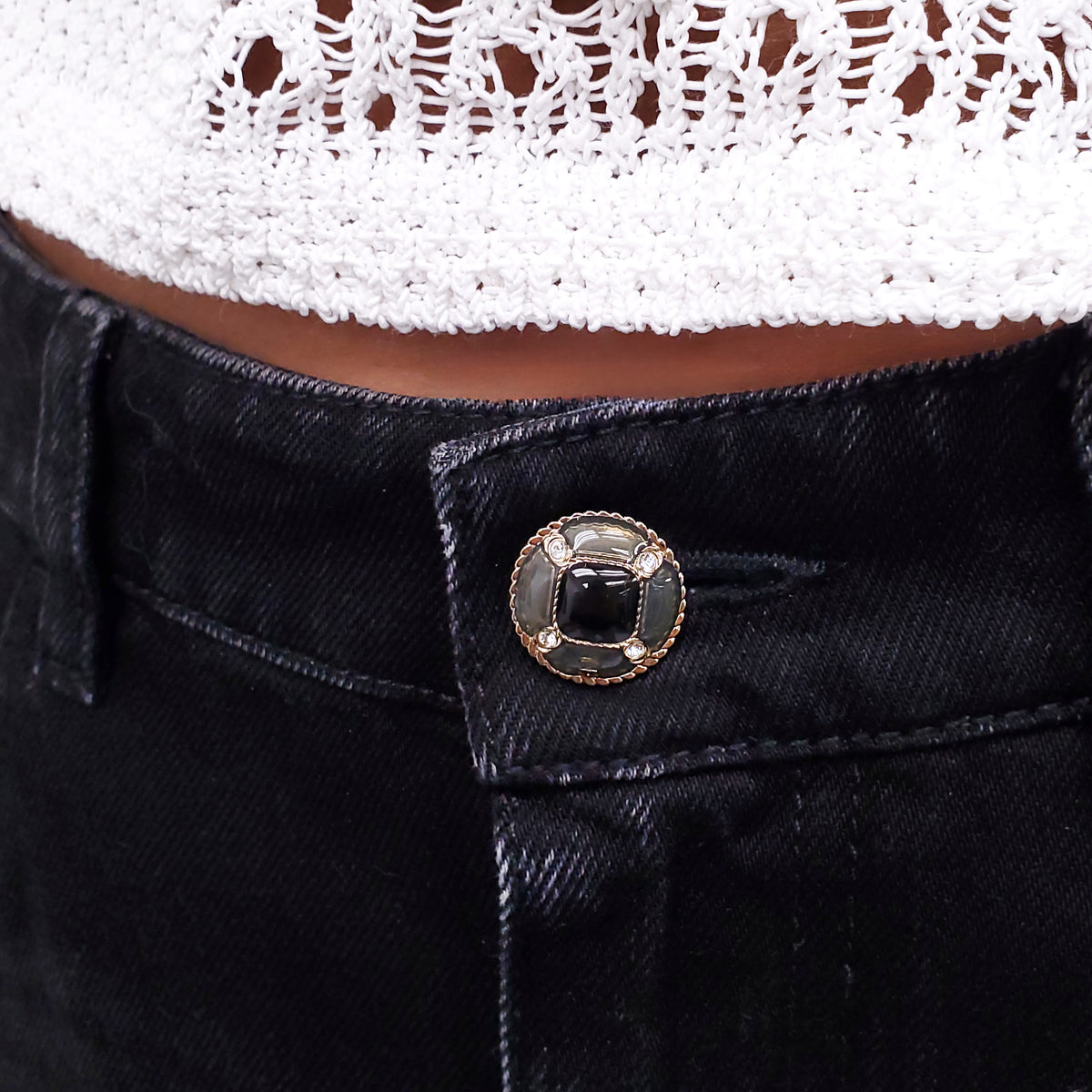 CHANEL BLACK LOGO DENIM JEANS WITH CRYSTAL BUTTON - SIZE 36