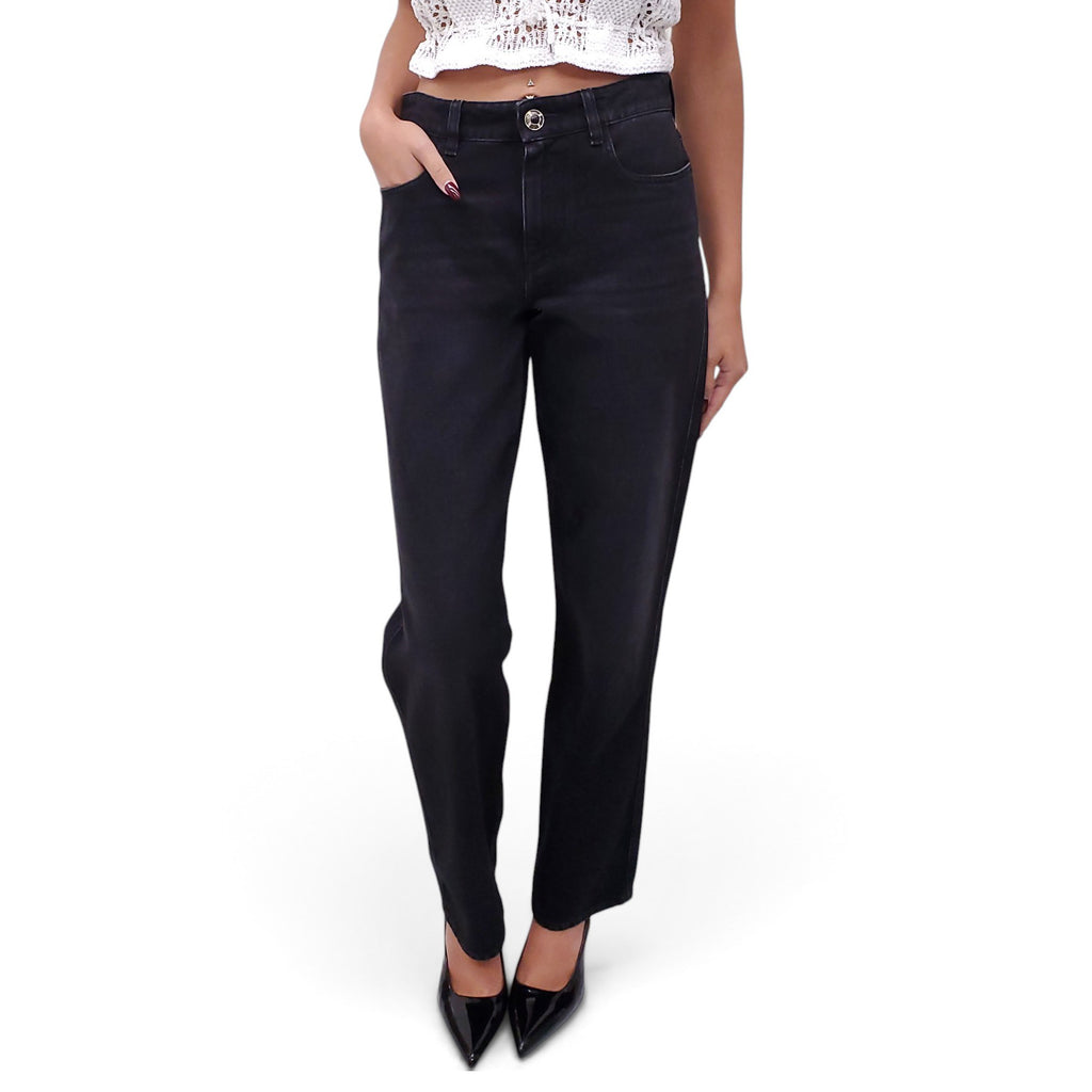 CHANEL BLACK LOGO DENIM JEANS WITH CRYSTAL BUTTON - SIZE 36