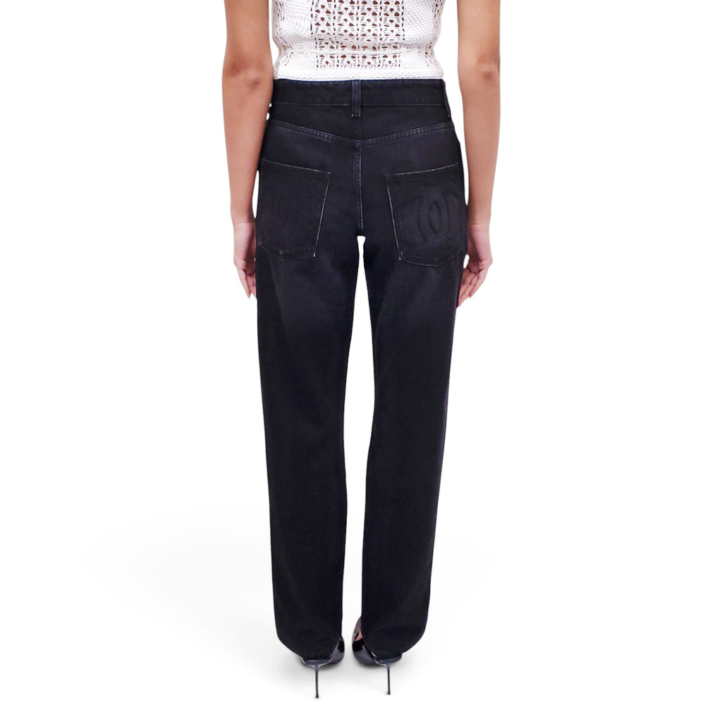 CHANEL BLACK LOGO DENIM JEANS WITH CRYSTAL BUTTON - SIZE 36