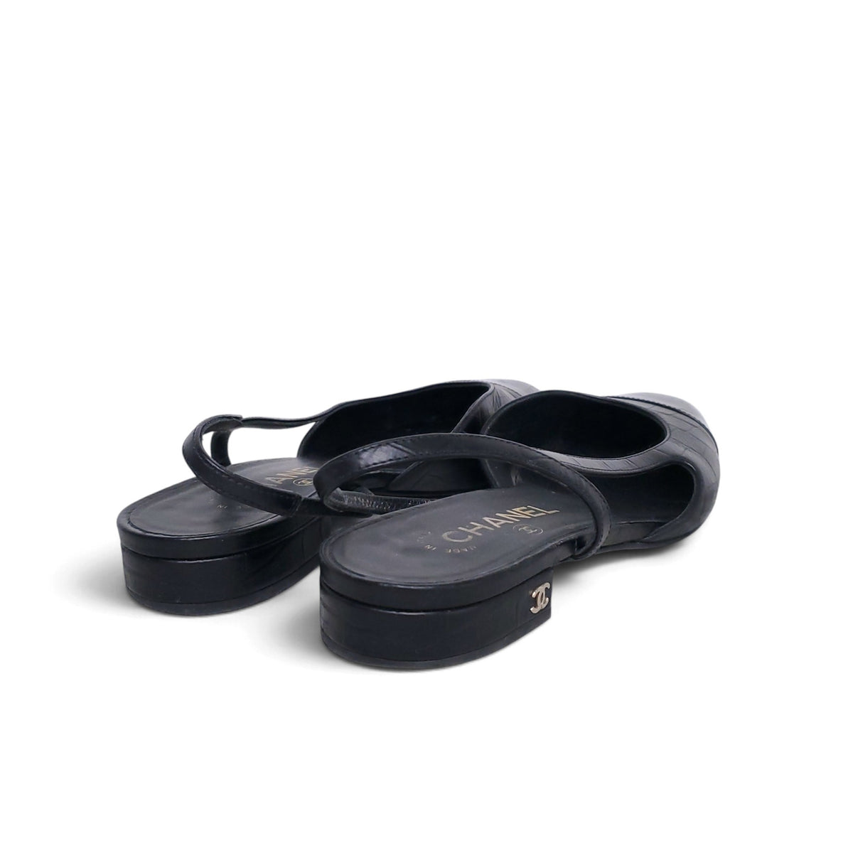 CHANEL BLACK LOGO SLINGBACK FLATS - SIZE 38.5