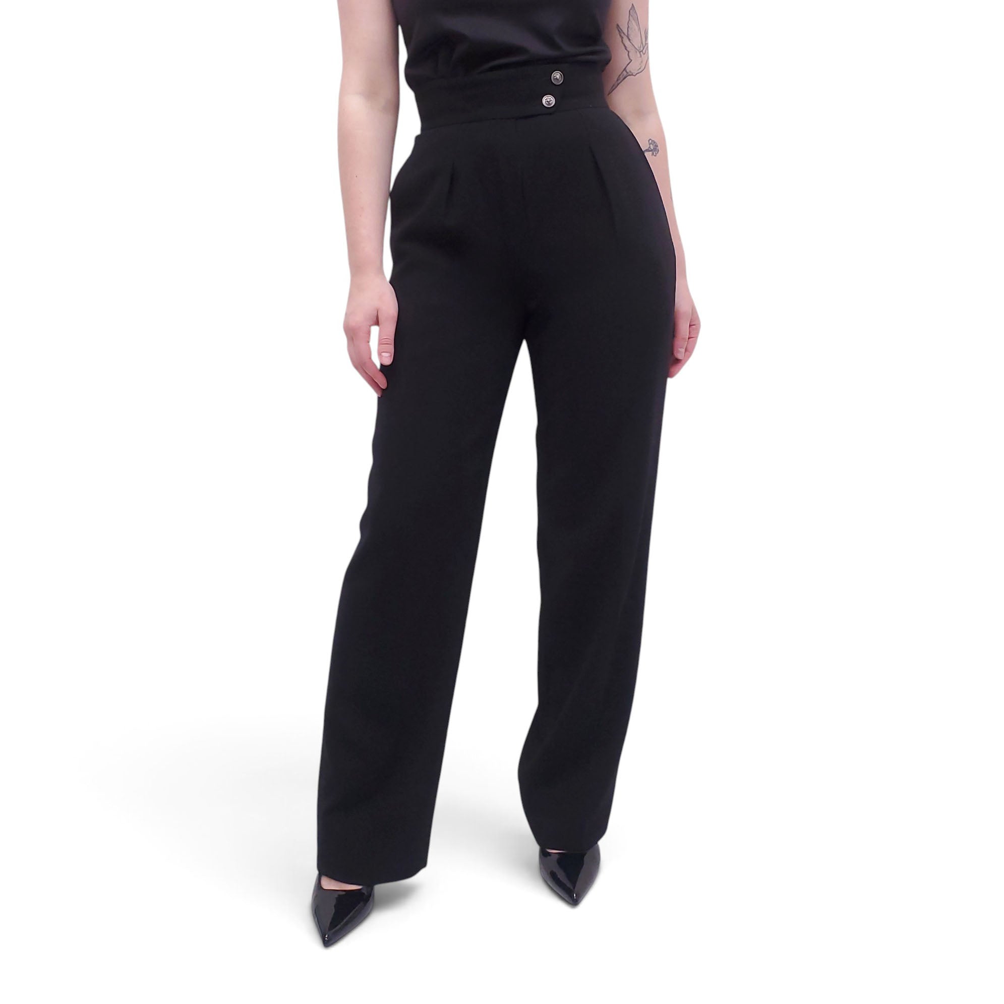 CHANEL BLACK PANT SUIT WITH LION BUTTONS - SIZE 36