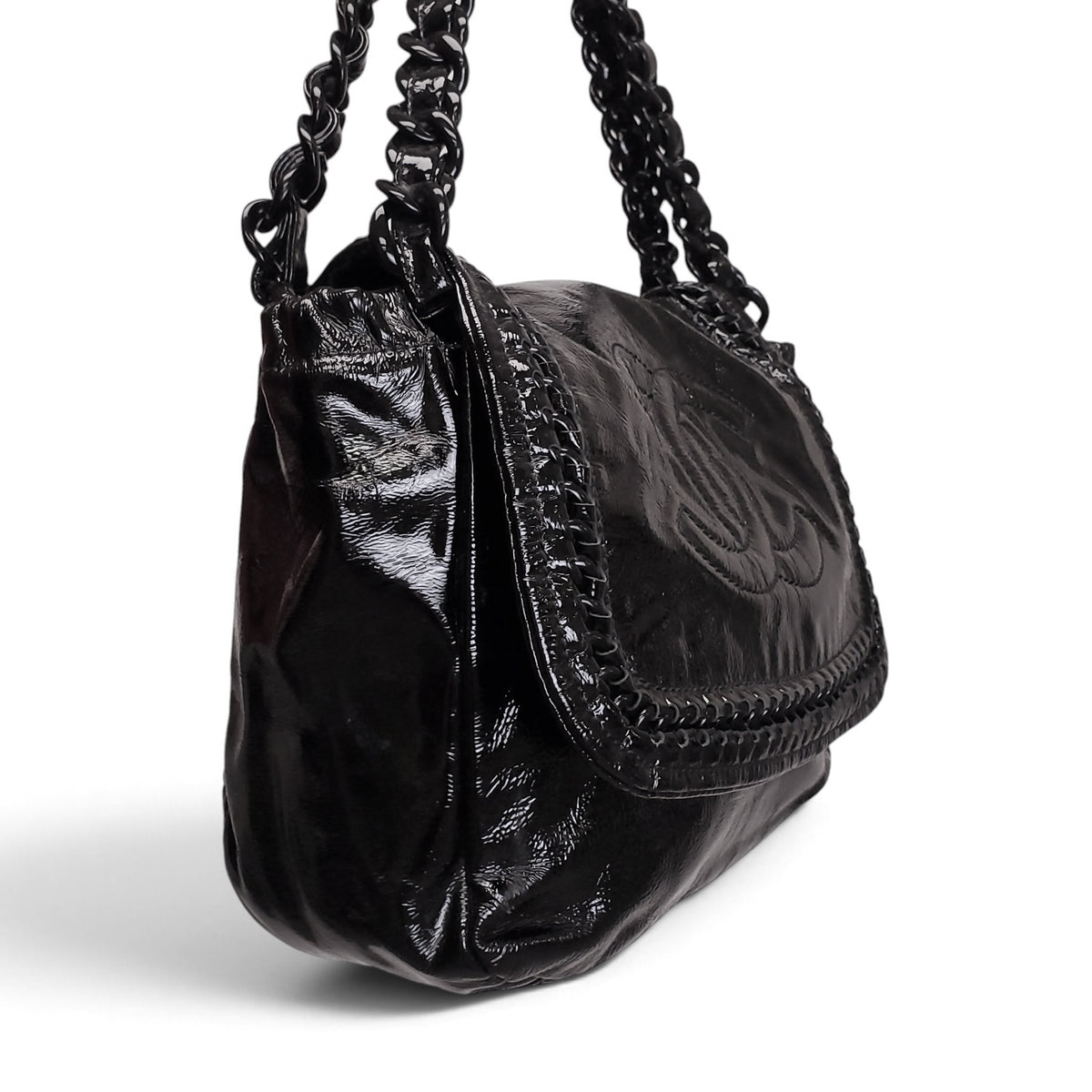 CHANEL BLACK PATENT MODERN CHAIN FLAP BAG