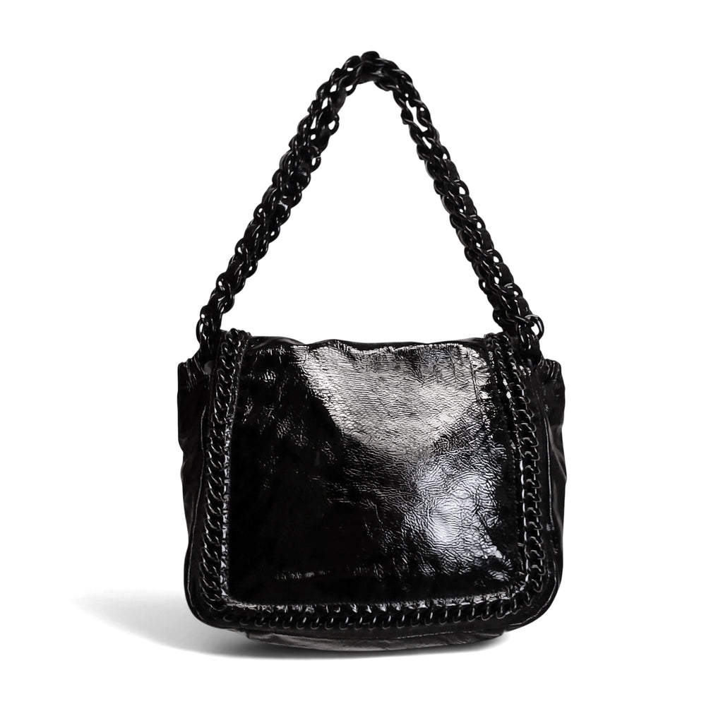 CHANEL BLACK PATENT MODERN CHAIN FLAP BAG