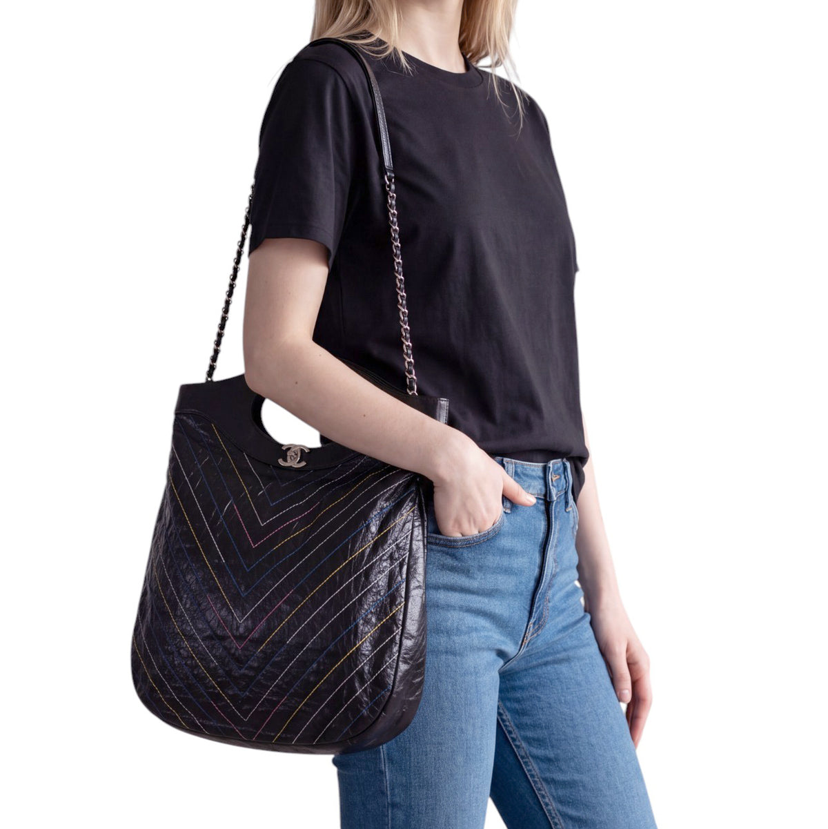 CHANEL BLACK PATENT MULTI-COLOUR CHEVRON 31 SHOPPING BAG