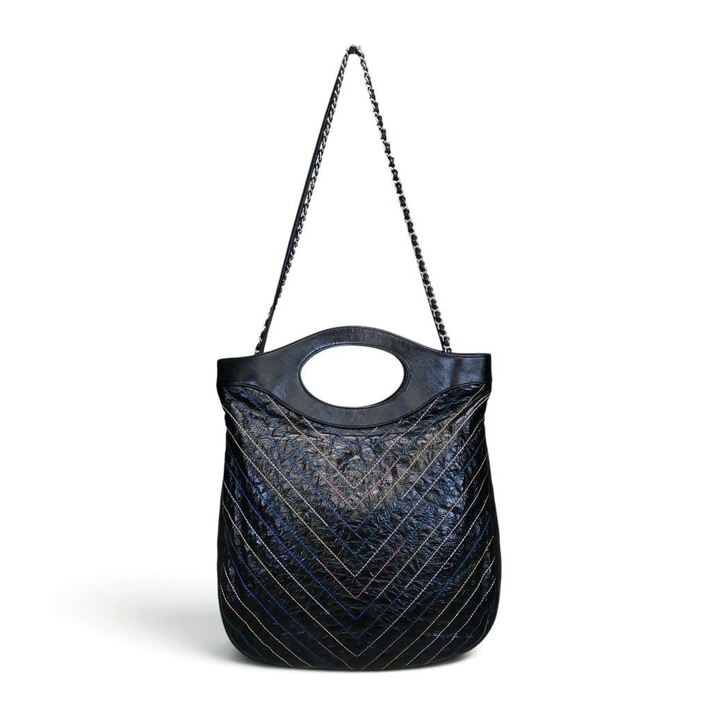 CHANEL BLACK PATENT MULTI-COLOUR CHEVRON 31 SHOPPING BAG