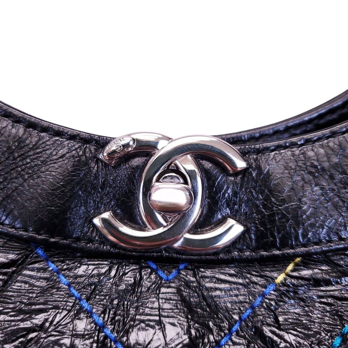 CHANEL BLACK PATENT MULTI-COLOUR CHEVRON 31 SHOPPING BAG