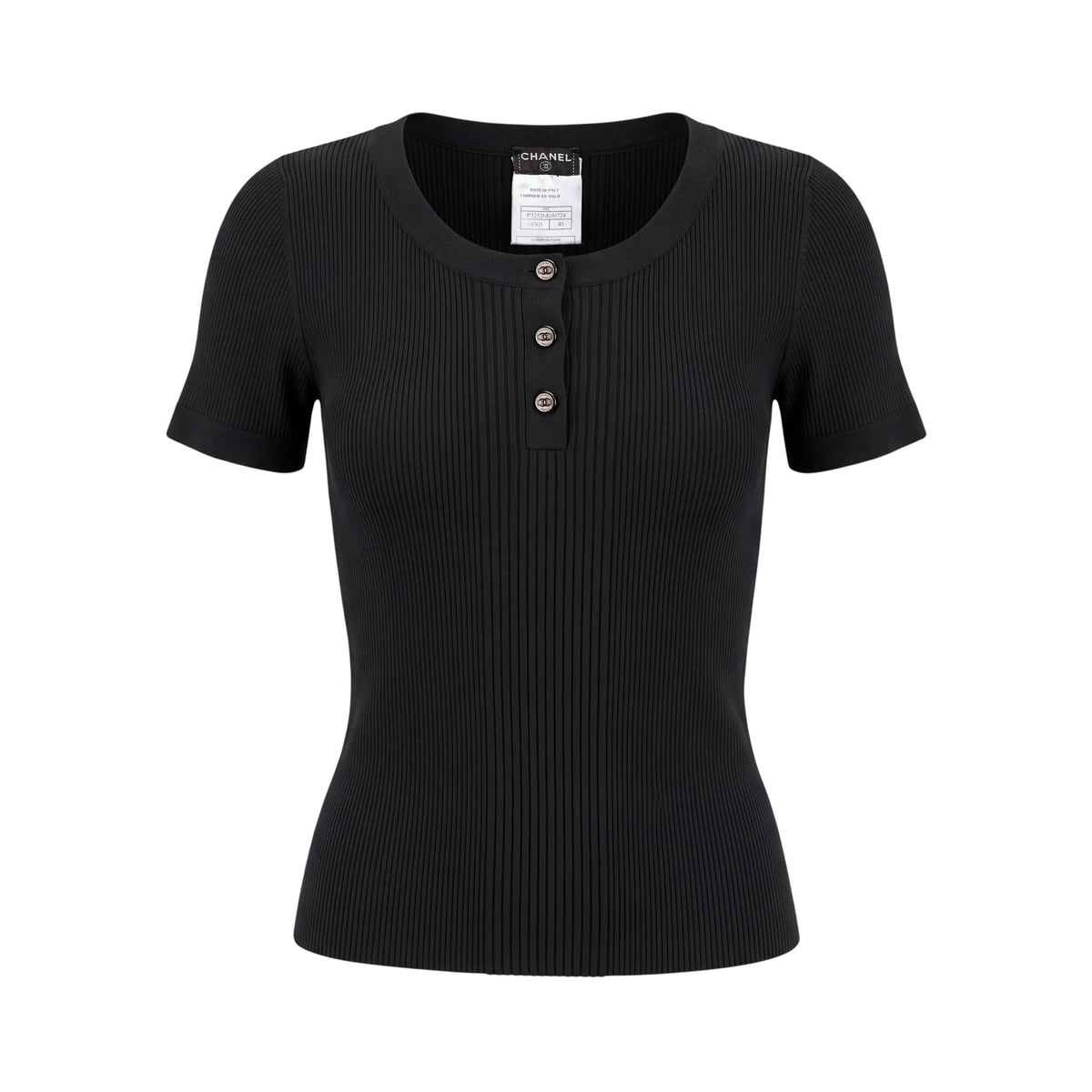 CHANEL BLACK RIBBED T-SHIRT WITH LOGO BUTTONS - SIZE 40