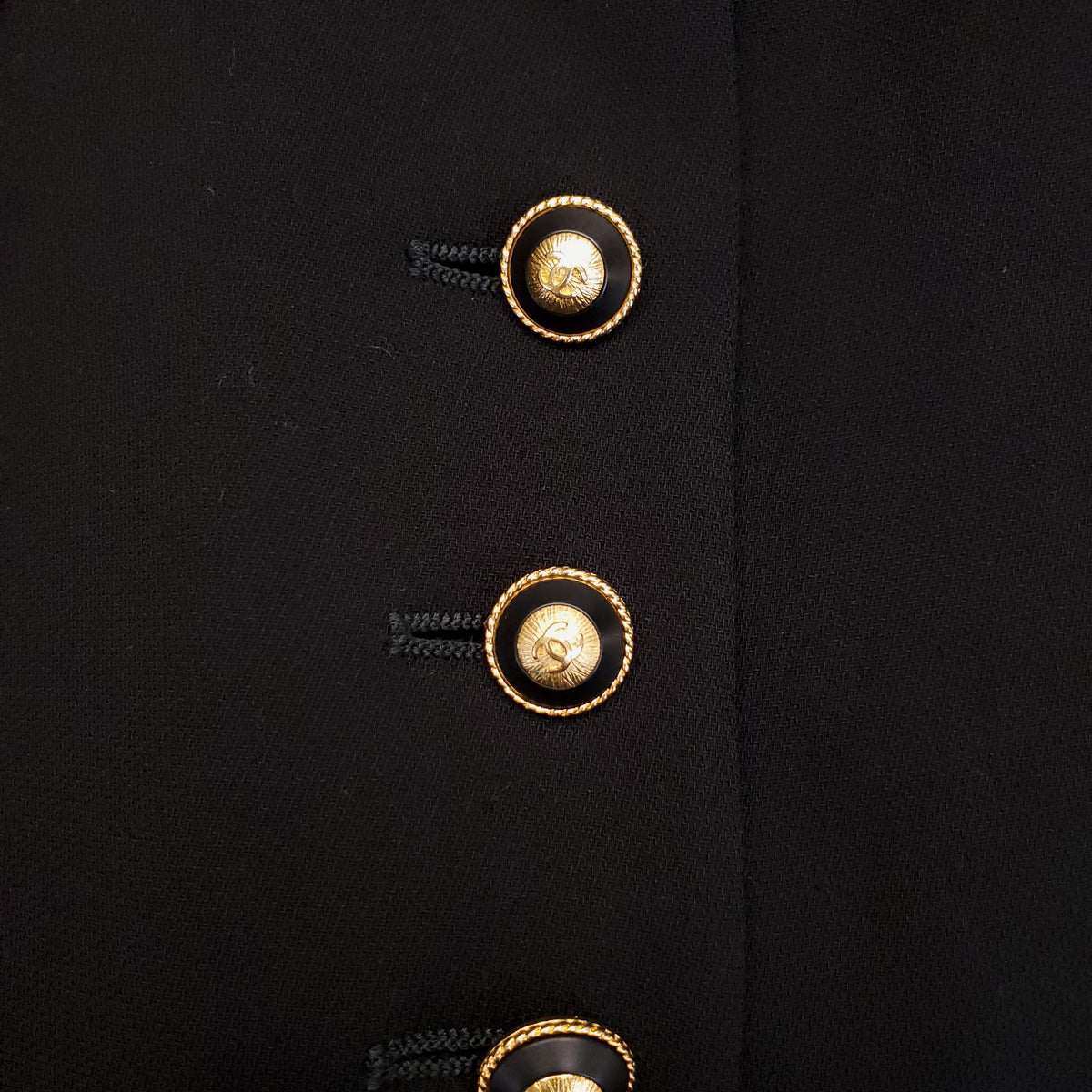 CHANEL BLACK RIDING COAT WITH LOGO BUTTONS - SIZE 44