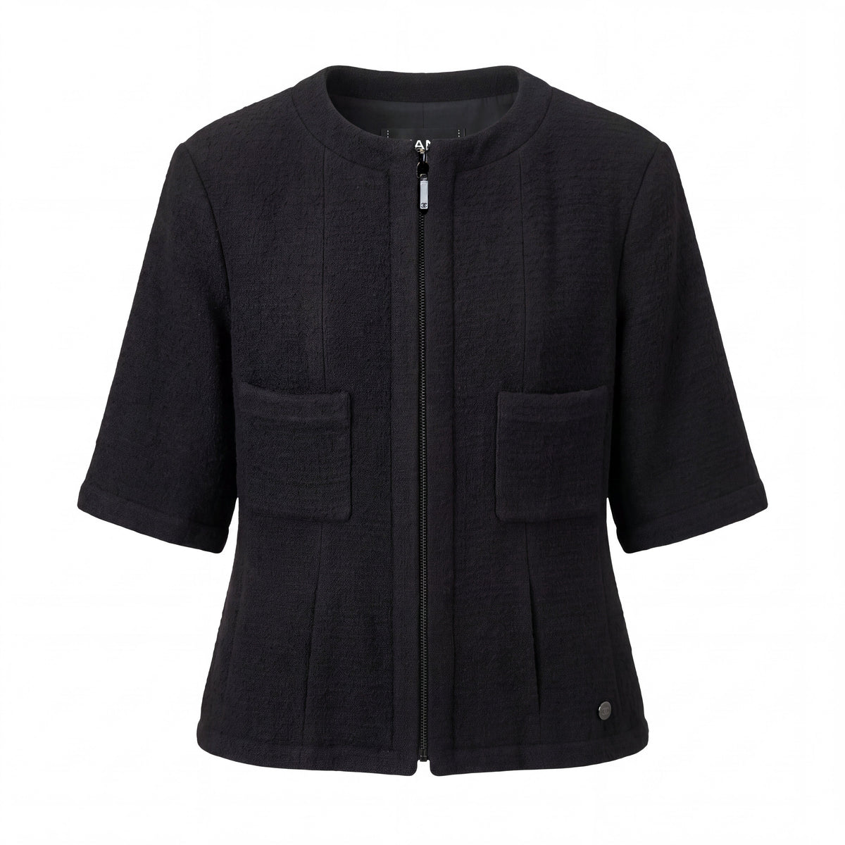 CHANEL BLACK SHORT SLEEVE TWEED JACKET WITH LOGO - SIZE 44
