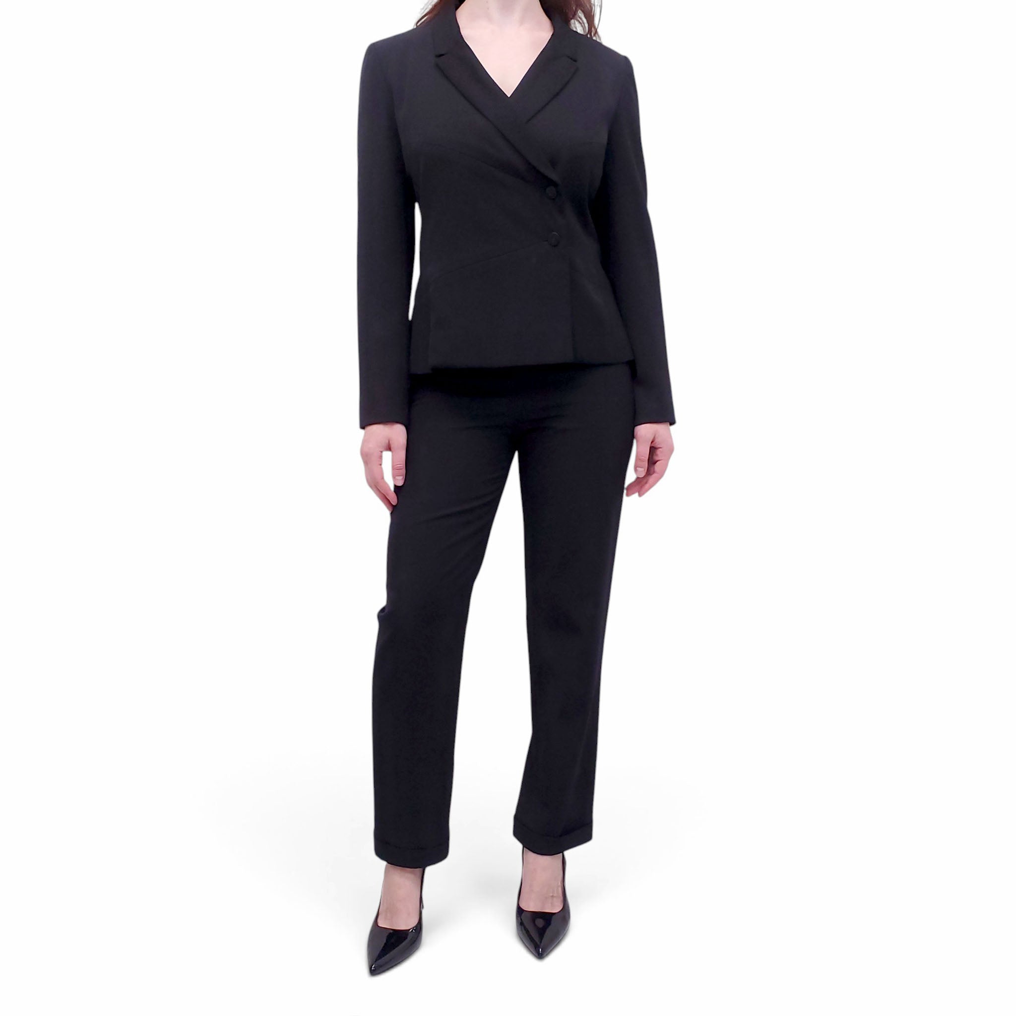 CHANEL BLACK SUIT WITH CC LOGO BUTTONS - SIZE 38