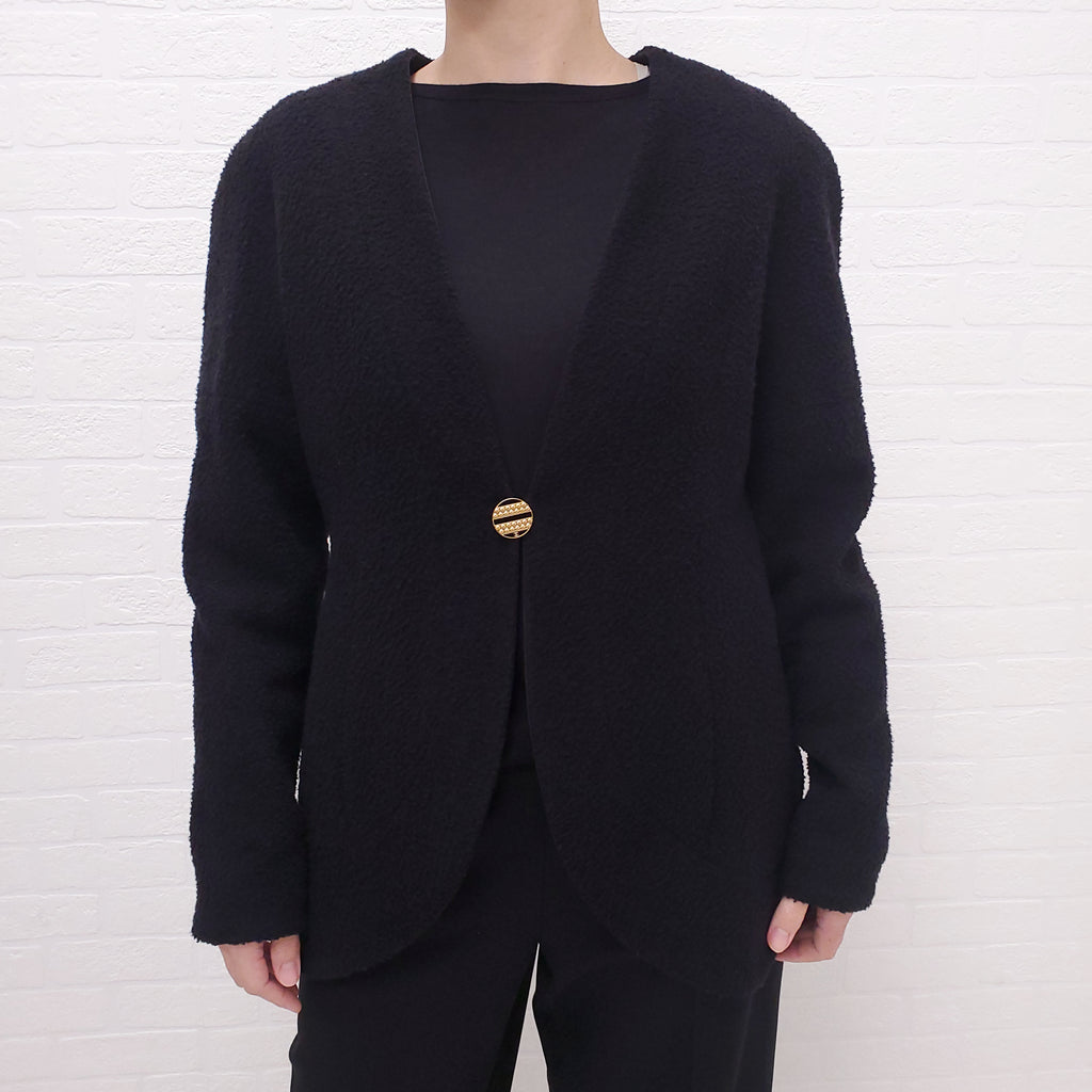 CHANEL BLACK TWEED JACKET WITH CC LOGO - SIZE 42