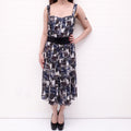 CHANEL BLUE AND GREY LOGO PANELLED SILK DRESS WITH BELT - SIZE 38