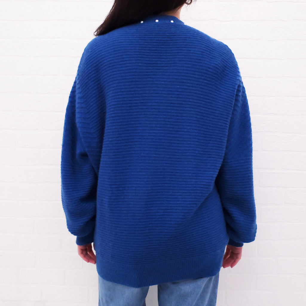 CHANEL BLUE CARDIGAN WITH PEARL DETAIL - SIZE 38