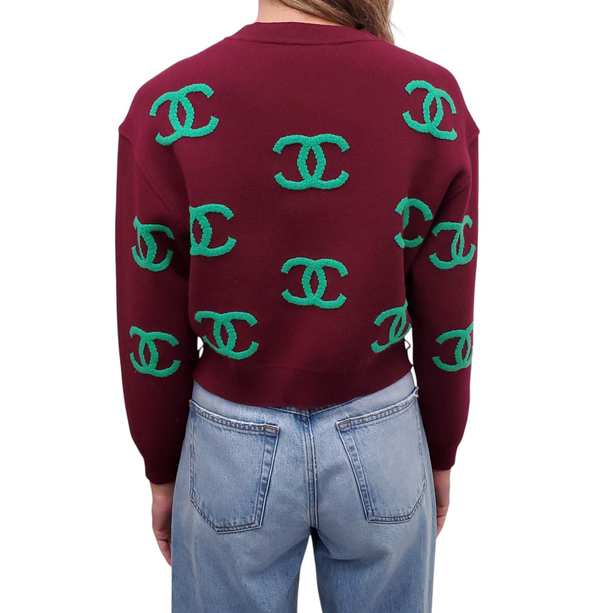 CHANEL BURGUNDY AND GREEN LOCO CROPPED SWEATER - SIZE 36