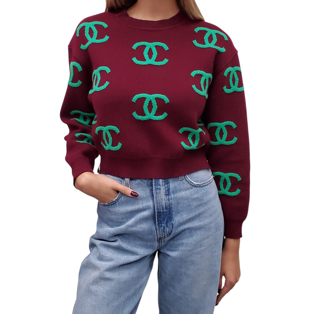 CHANEL BURGUNDY AND GREEN LOCO CROPPED SWEATER - SIZE 36