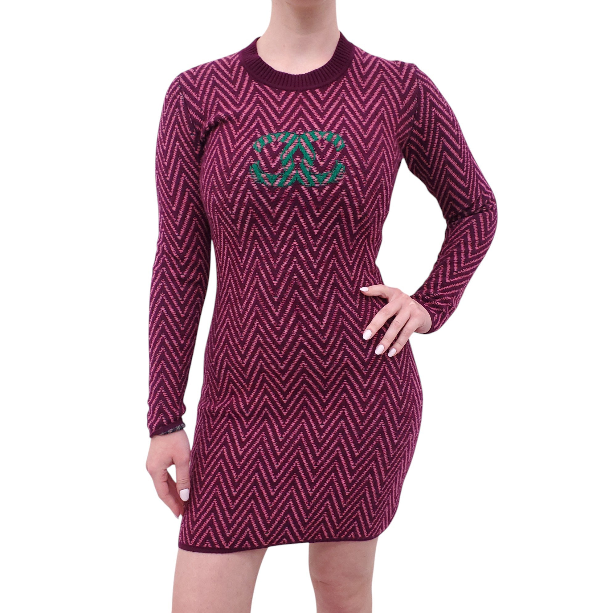 CHANEL BURGUNDY CHEVRON LOGO SWEATER DRESS - SIZE 34