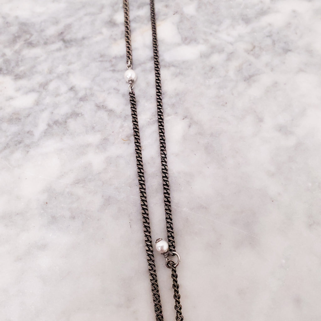 CHANEL CHROME CRYSTAL AND PEARL LOGO ADJUSTABLE NECKLACE