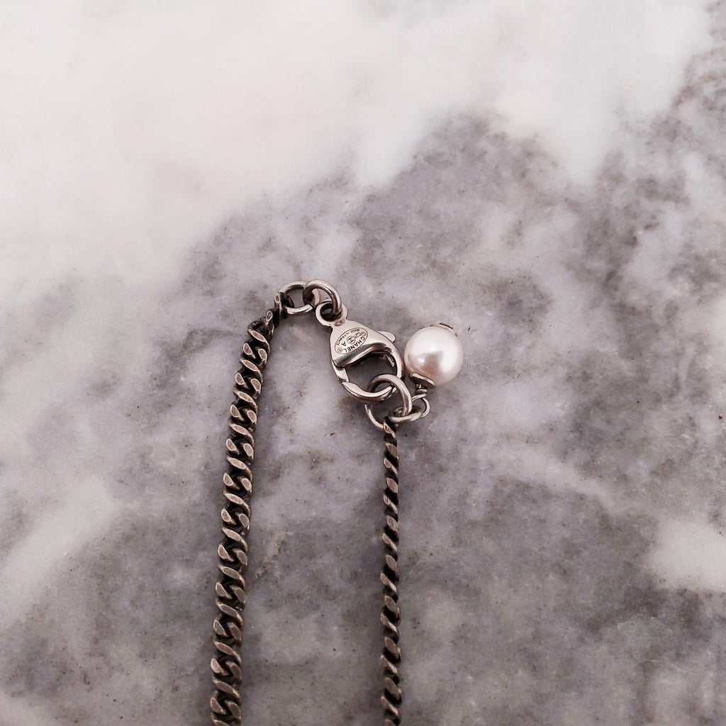 CHANEL CHROME CRYSTAL AND PEARL LOGO ADJUSTABLE NECKLACE