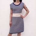 CHANEL CREAM AND BRIGHT BLUE KNIT SLEEVELESS DRESS WITH CINCHED WAIST AND LOGO DETAIL - SIZE 36